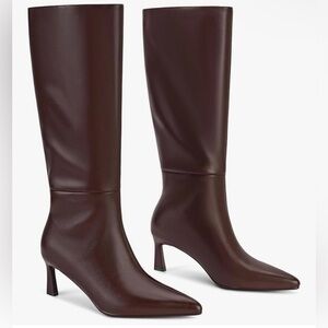 Pointed-Toe Knee-High Leather Boots in Dark Brown Kitten Heel
